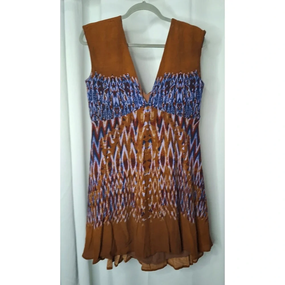 Free People Theodora Mini Dress Rust Brown Blue Size M Boho Western